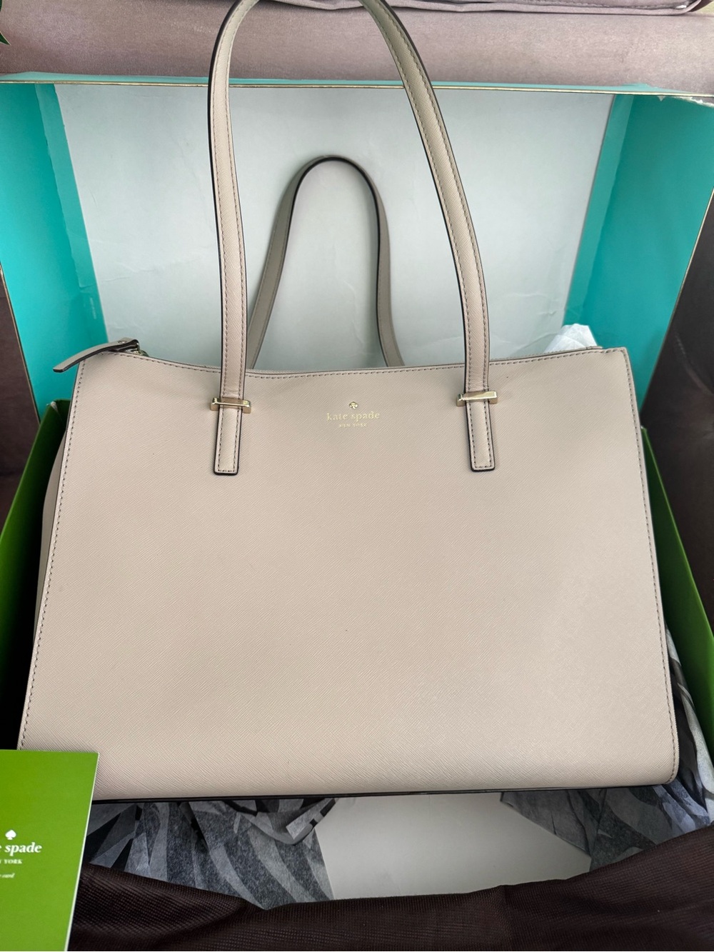 kate spade Beige Leather Structured Tote with Gold Logo